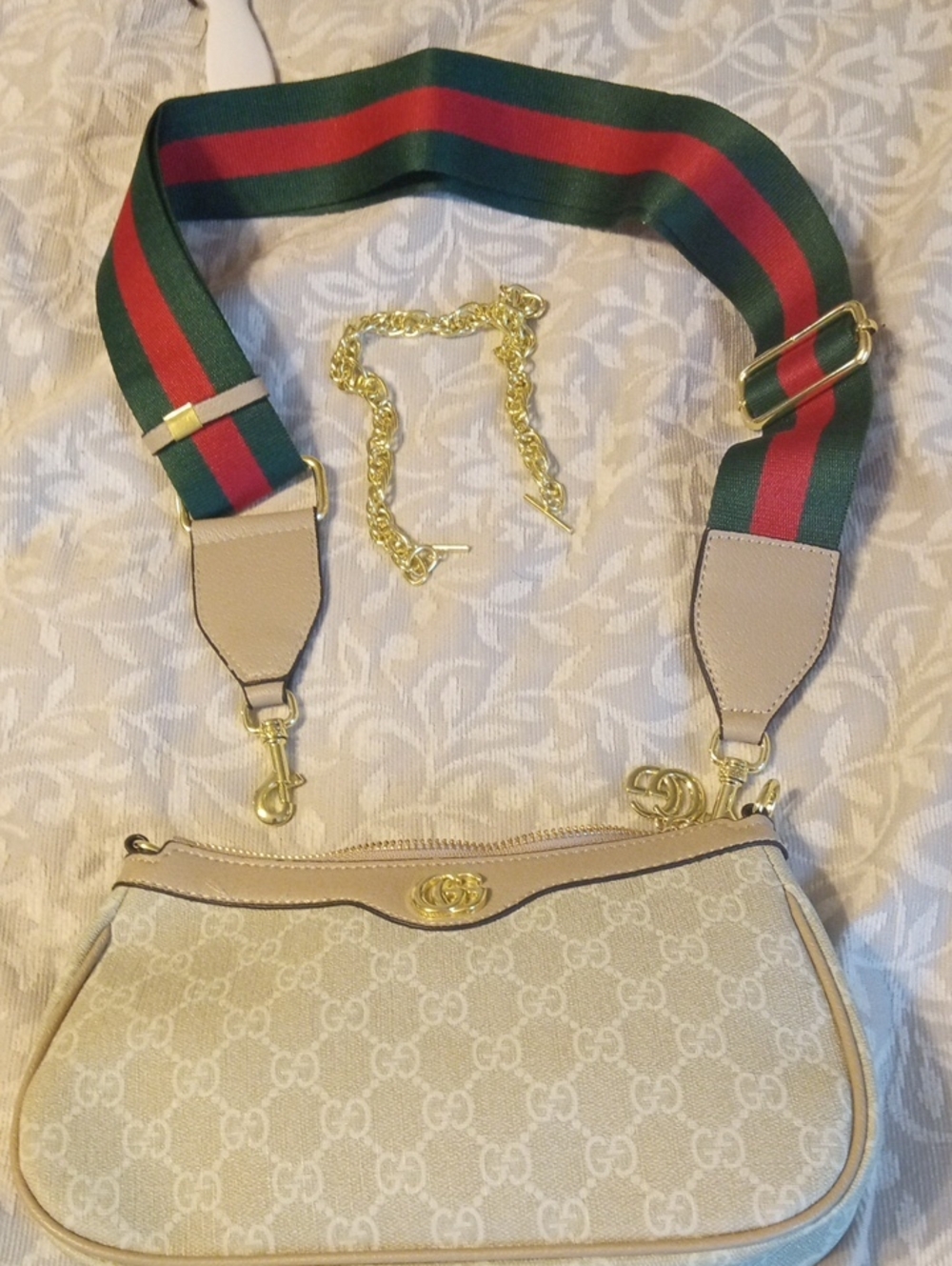 Gucci Beige GG Canvas Shoulder Bag with Green-Red Web Strap